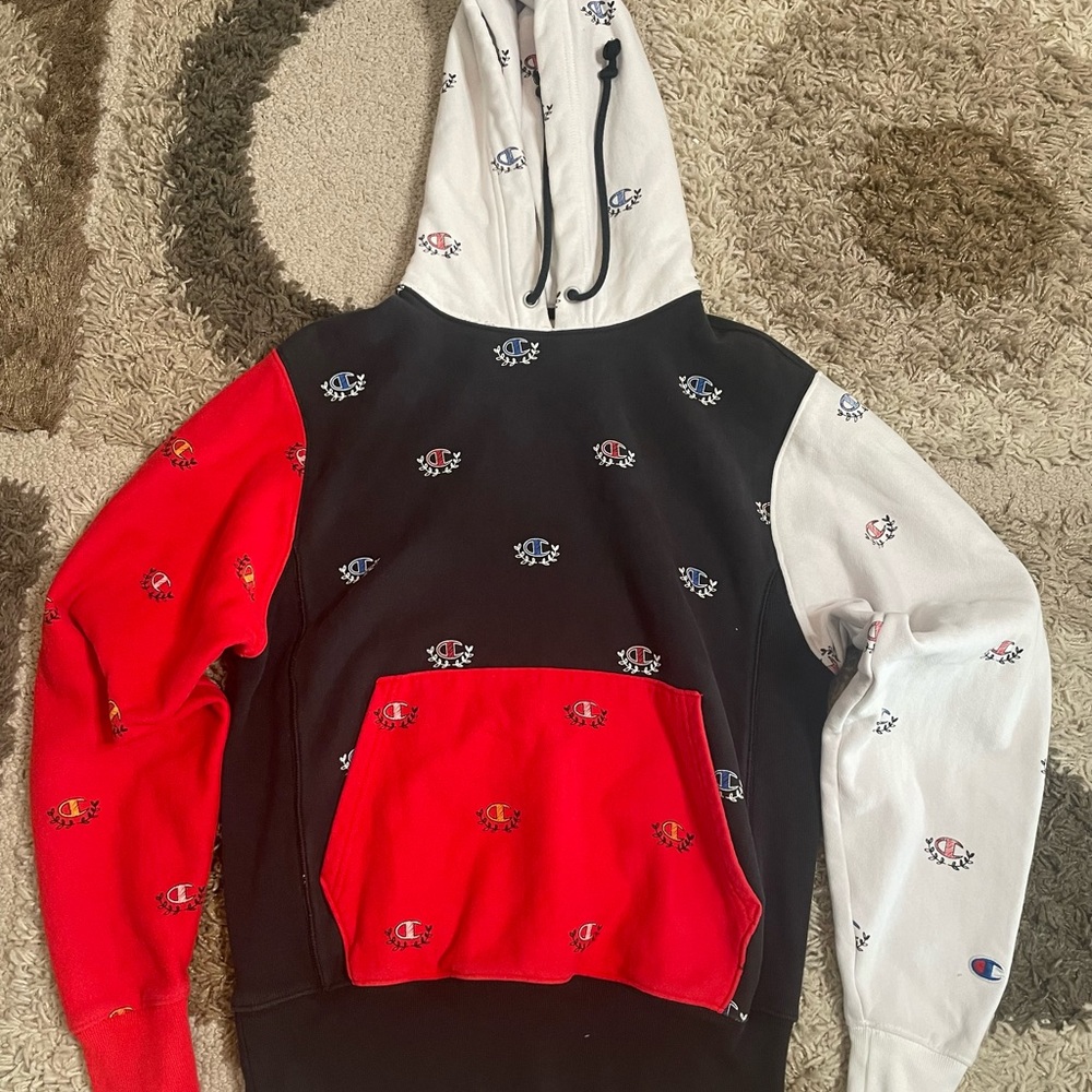 Champion Reverse Weave Hoodie All Over Print Emb Logo Multicol Mens Medium
